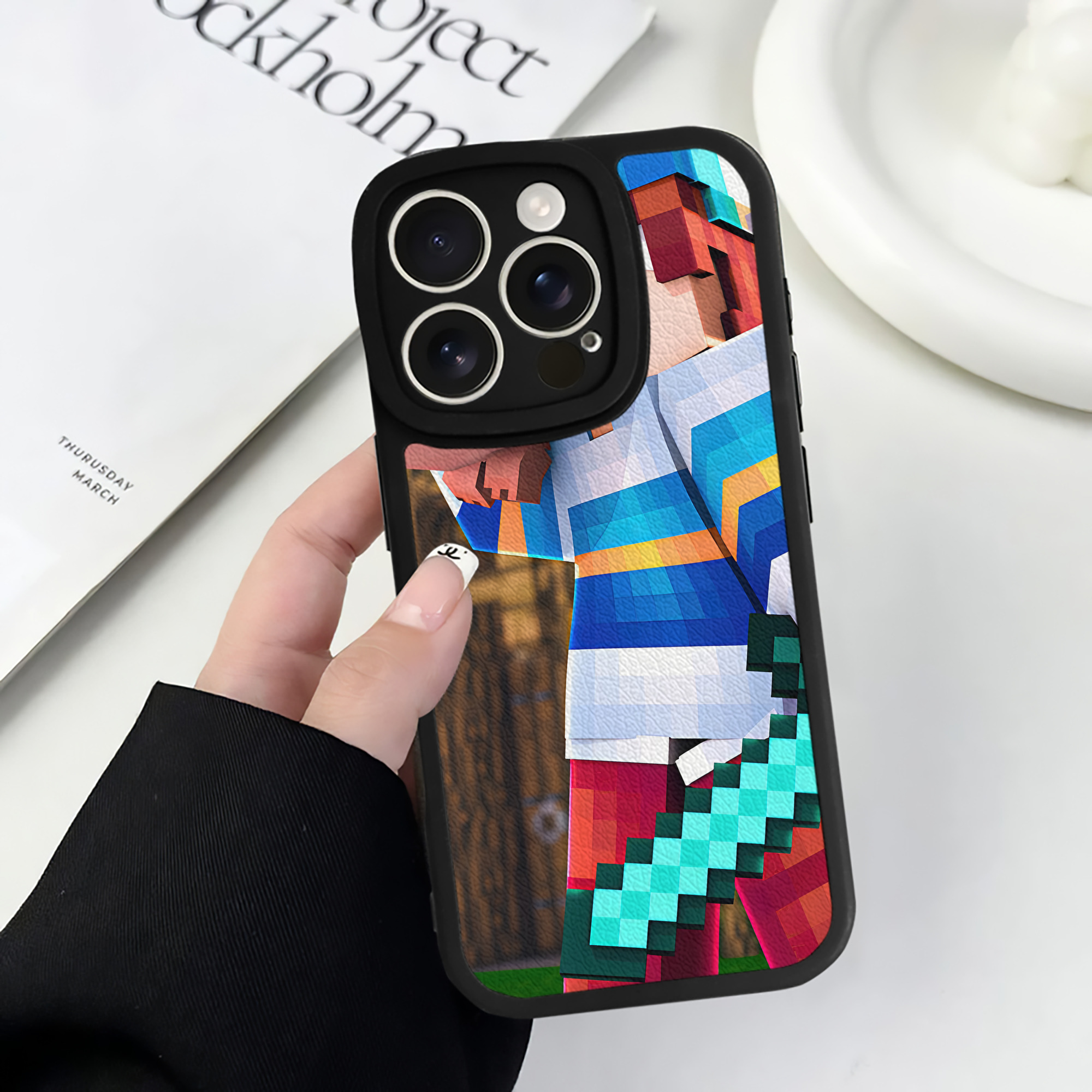 （画像用） マインクラフト ブロックの世界 Minecraft MC Block world 【iPhone 16シリーズ対応】シリコンスマホケース（レザー調） 材質：シリコン